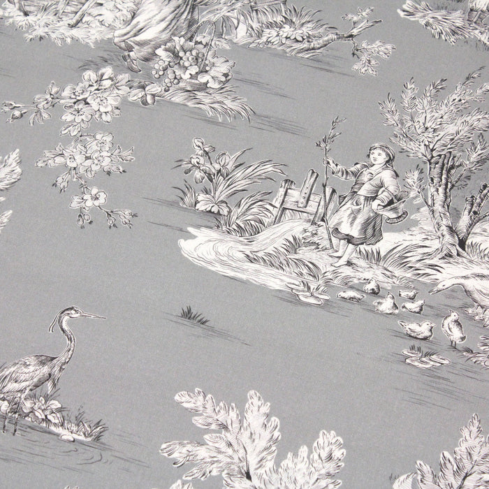 Tissu de coton demi-natté toile de Jouy traditionnelle, grande largeur 280cm, fond gris & motif noir et blanc - Oeko-Tex
