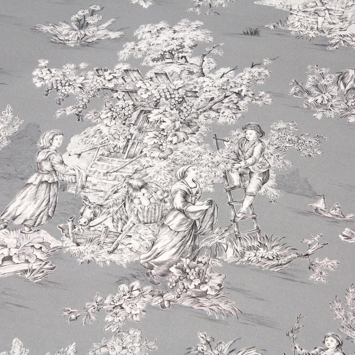 Tissu de coton demi-natté toile de Jouy traditionnelle, grande largeur 280cm, fond gris & motif noir et blanc - Oeko-Tex