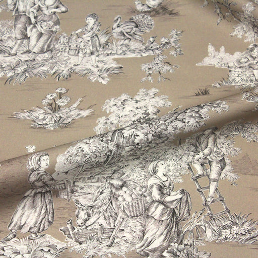 Tissu de coton demi-natté toile de Jouy traditionnelle, grande largeur 280cm, fond grège & motif noir et blanc - Oeko-Tex