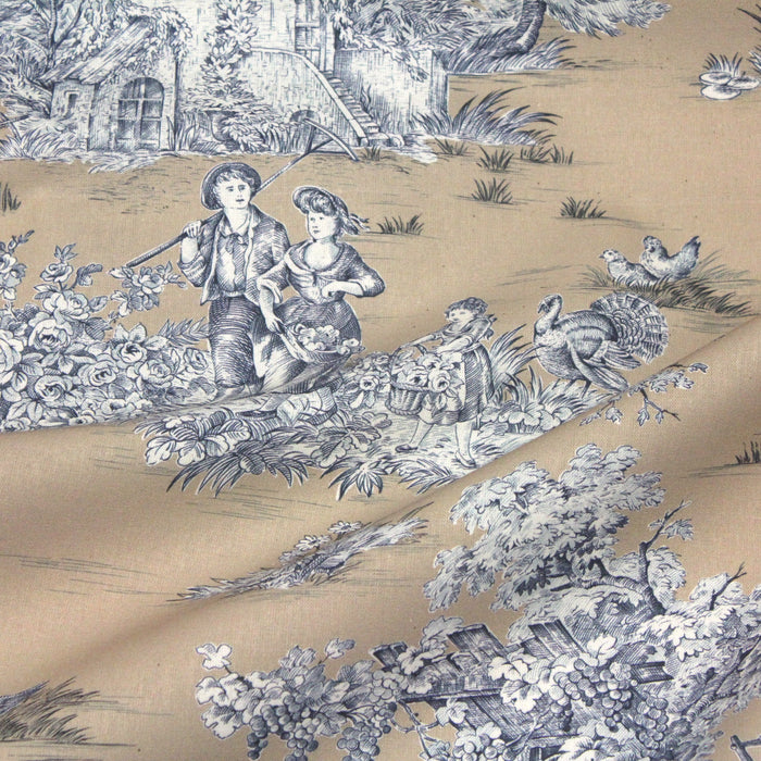 Tissu de coton demi-natté toile de Jouy traditionnelle, grande largeur 280cm, fond grège & motif bleu et blanc - Oeko-Tex