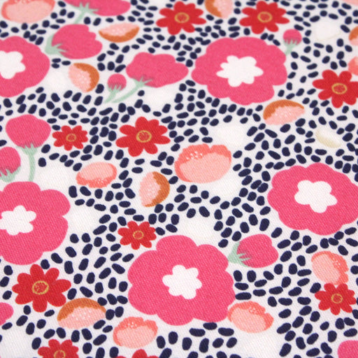 Tissu de coton à fleurs roses & corail fond blanc et pois bleus marine - Oeko Tex - COLLECTION NINA - tissuspapi
