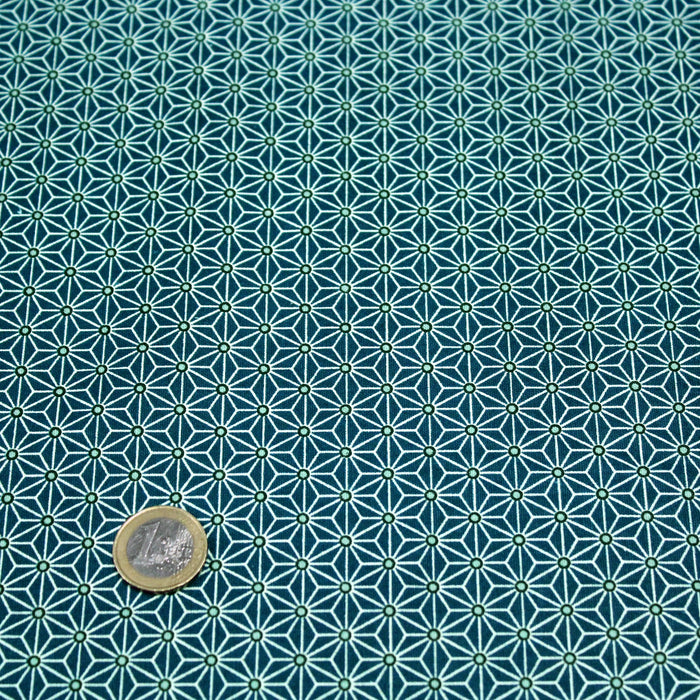 Tissu de coton saki motif traditionnel japonais géométrique ASANOHA bleu pétrole & blanc - Oeko-Tex