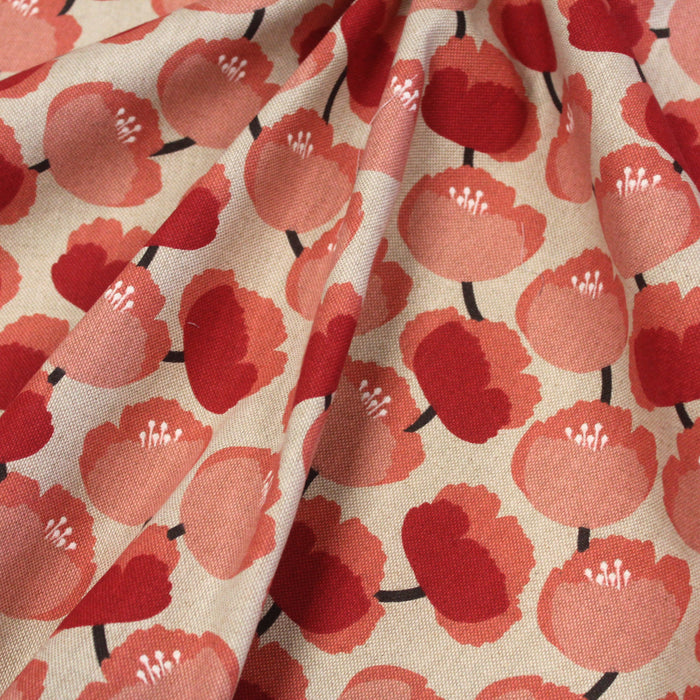 Tissu de coton façon lin NINA aux fleurs pivoines rouges et corail - Oeko-Tex