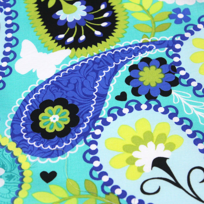Tissu popeline de coton à fleurs SEVENTIES bleues & vertes - Oeko-Tex