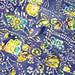 Tissu de coton batik patchwork aux fleurs, formes et pois blancs & jaunes, fond bleu roi
