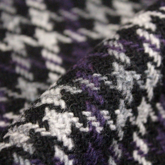 Tissu lainage tartan à carreaux noirs, gris & violets - Fabrication italienne