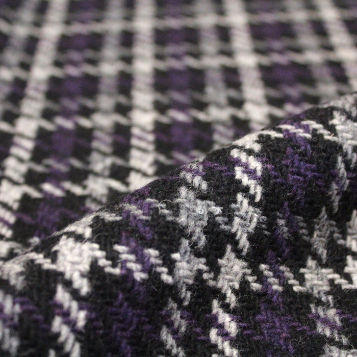 Tissu lainage tartan à carreaux noirs, gris & violets - Fabrication italienne