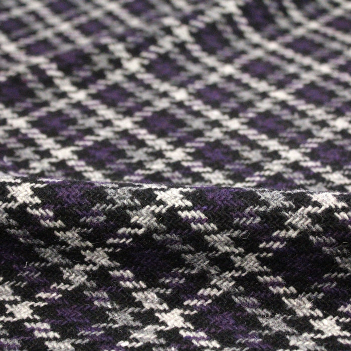 Tissu lainage tartan à carreaux noirs, gris & violets - Fabrication italienne
