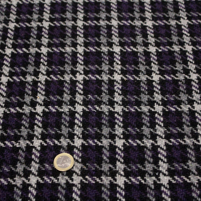 Tissu lainage tartan à carreaux noirs, gris & violets - Fabrication italienne