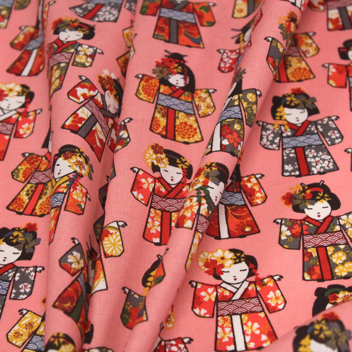 Tissu de coton motif japonais aux geishas, fond corail - Oeko-Tex