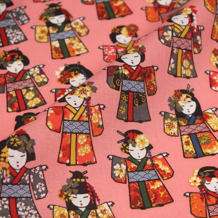 Tissu de coton motif japonais aux geishas, fond corail - Oeko-Tex