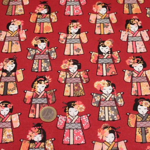 Tissu de coton motif japonais aux geishas, fond rouge carmin - Oeko-Tex - tissuspapi