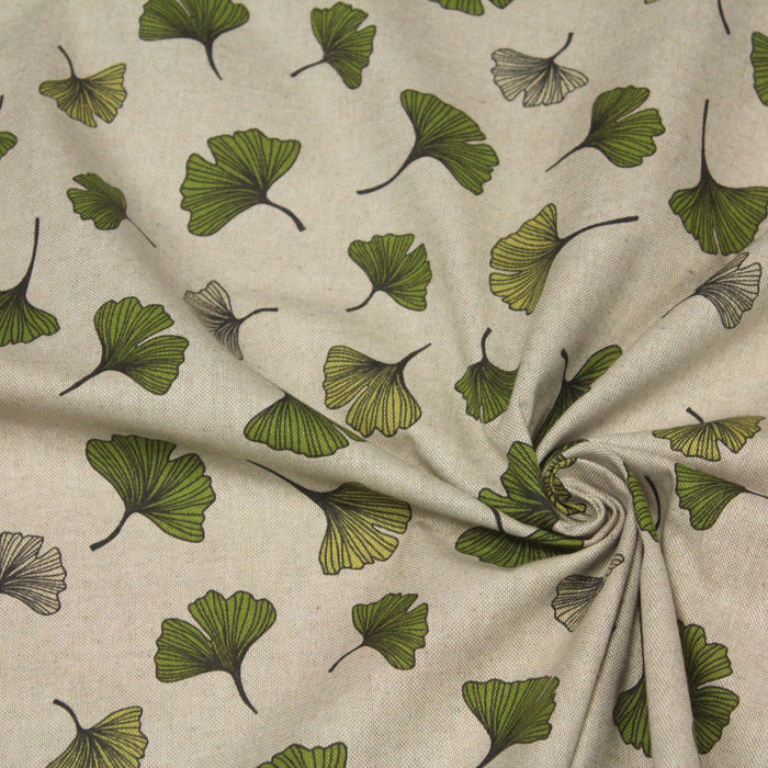 Tissu de coton façon lin motif traditionnel japonais aux feuilles de ginkgo  vertes sur fond lin - Oeko-Tex — Tissus Papi