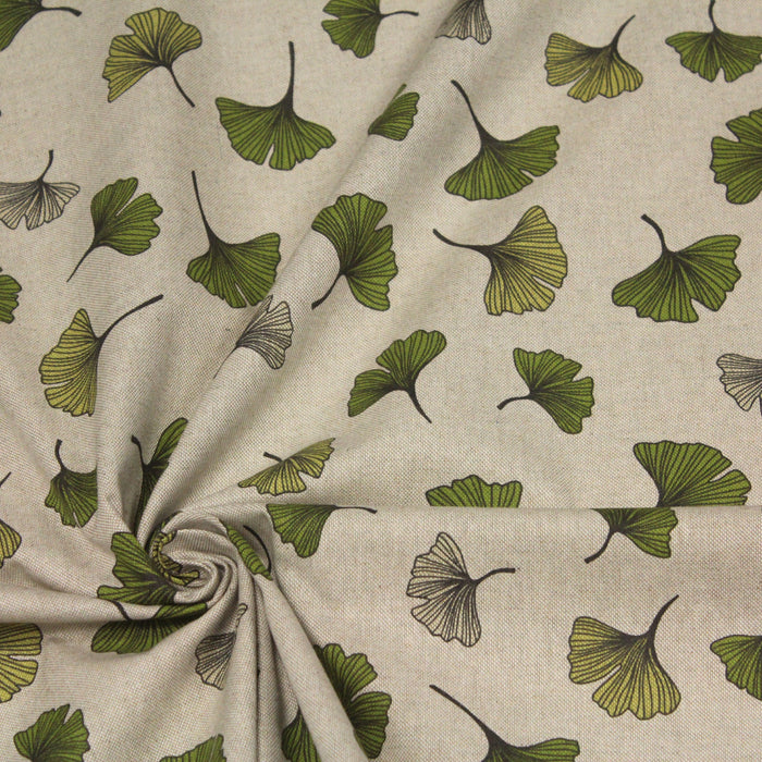 Tissu de coton façon lin motif traditionnel japonais aux feuilles de ginkgo vertes sur fond lin - Oeko-Tex