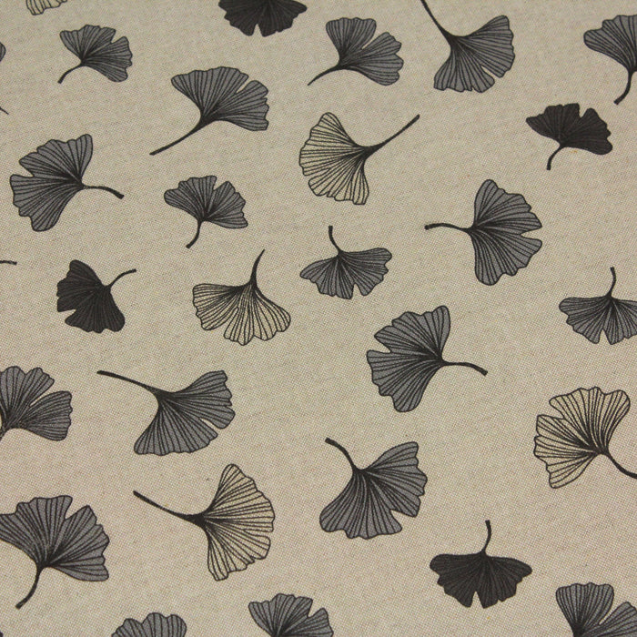 Tissu de coton façon lin motif traditionnel japonais aux feuilles de ginkgo grises sur fond lin - Oeko-Tex