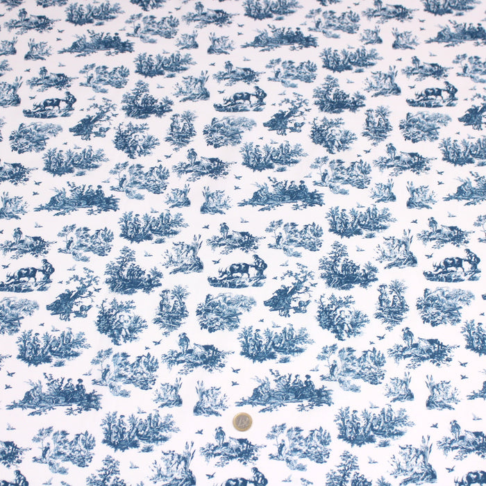 Tissu popeline de coton OBER - Toile de Jouy traditionnelle, fond blanc & motif bleu canard