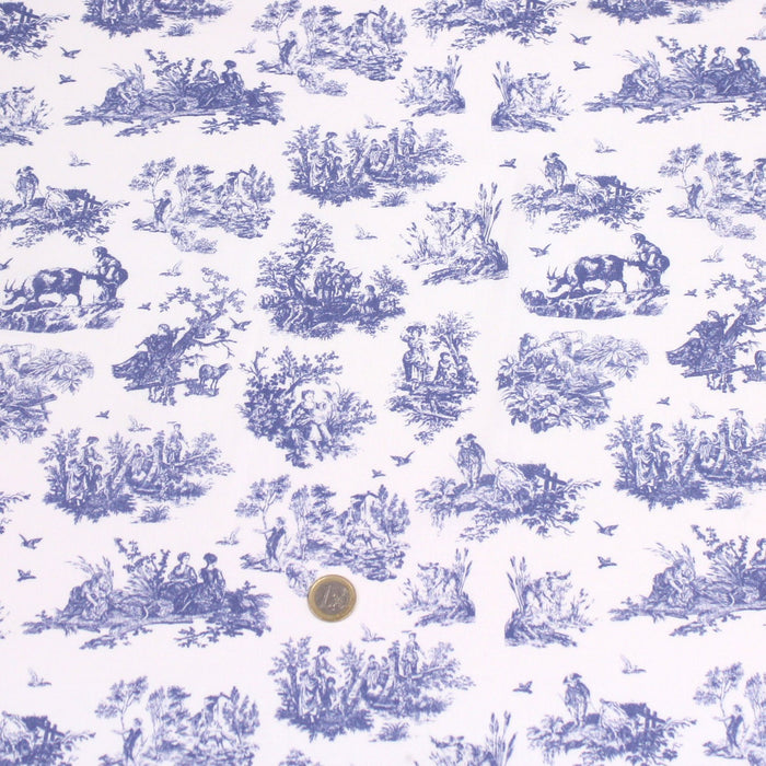 Tissu popeline de coton OBER - Toile de Jouy traditionnelle, fond blanc & motif bleu de Jouy - tissuspapi