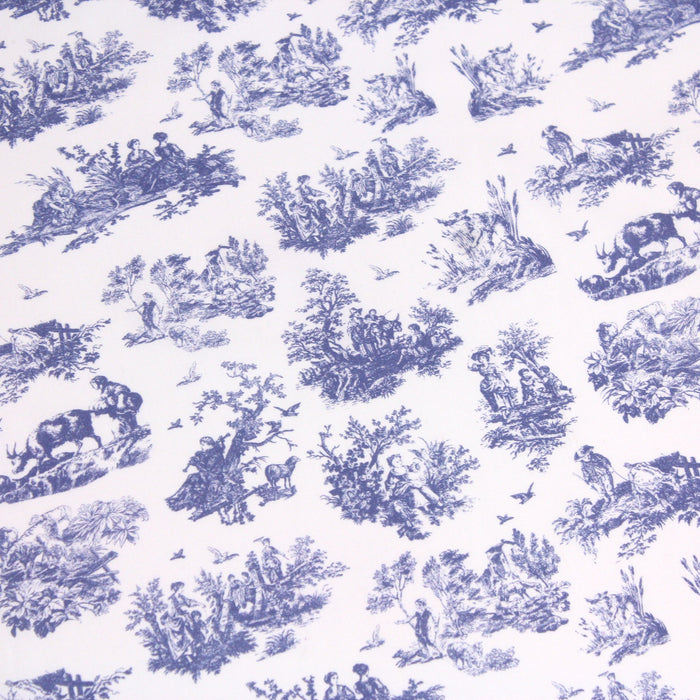 Tissu popeline de coton OBER - Toile de Jouy traditionnelle, fond blanc & motif bleu de Jouy