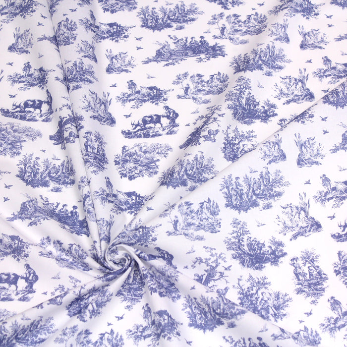 Tissu popeline de coton OBER - Toile de Jouy traditionnelle, fond blanc & motif bleu de Jouy