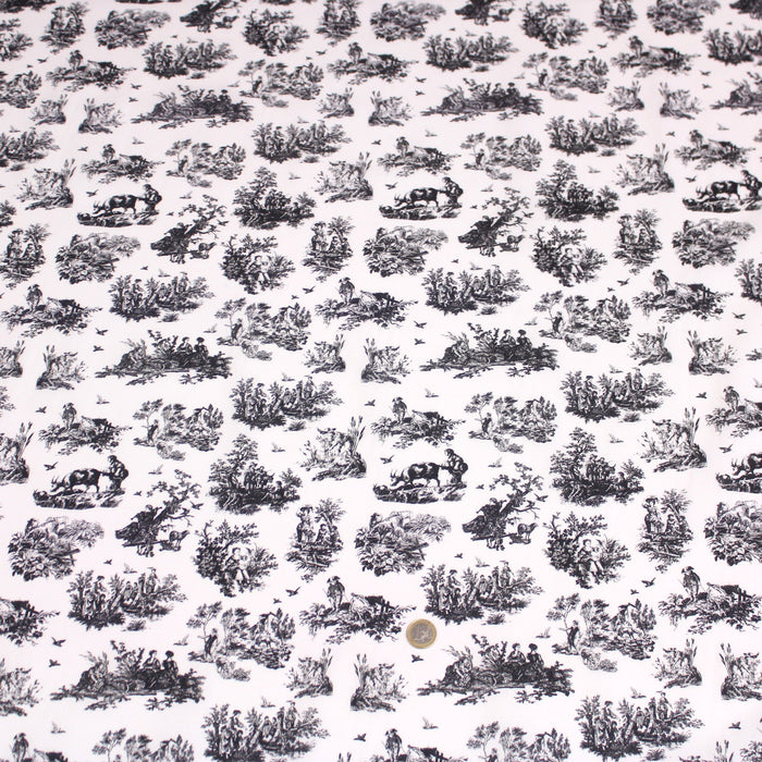 Tissu popeline de coton OBER - Toile de Jouy traditionnelle, fond blanc & motif noir