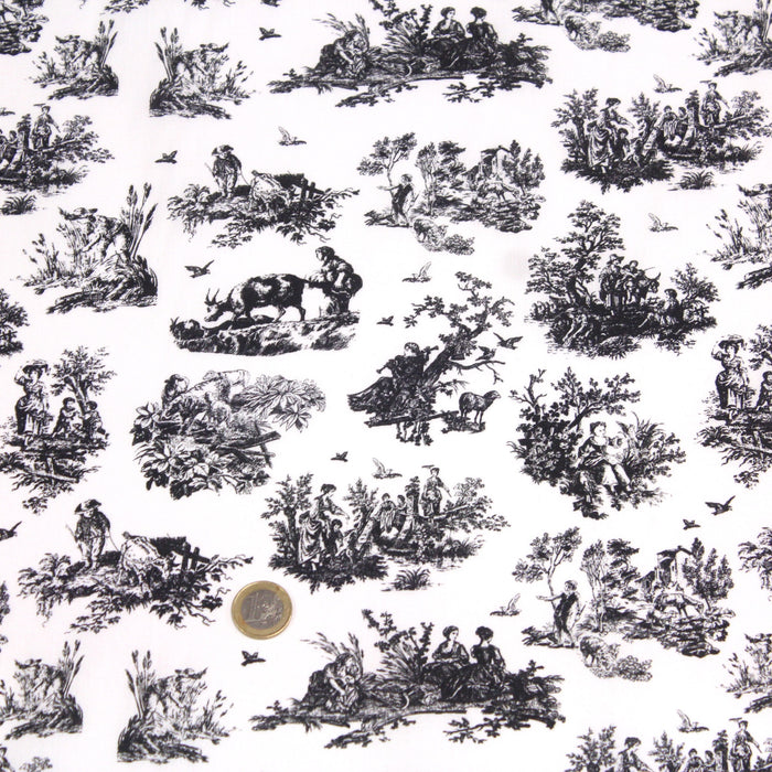 Tissu popeline de coton OBER - Toile de Jouy traditionnelle, fond blanc & motif noir - tissuspapi