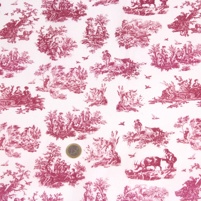 Tissu popeline de coton OBER - Toile de Jouy traditionnelle, fond blanc & motif rose framboise - tissuspapi