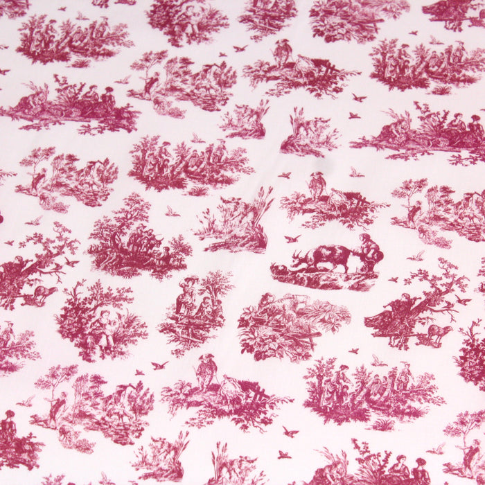 Tissu popeline de coton OBER - Toile de Jouy traditionnelle, fond blanc & motif rose framboise