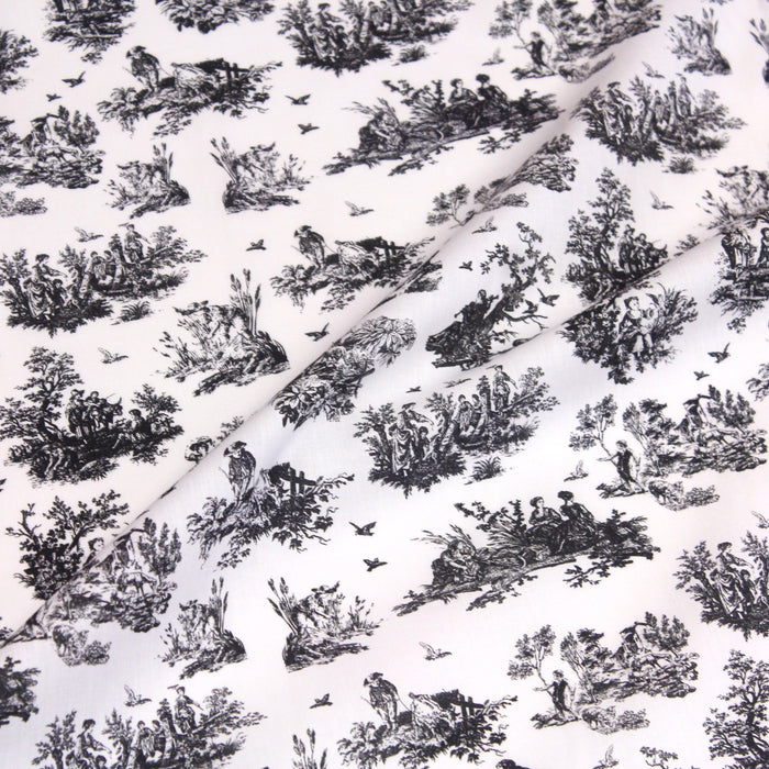 Tissu popeline de coton OBER - Toile de Jouy traditionnelle, fond blanc & motif noir