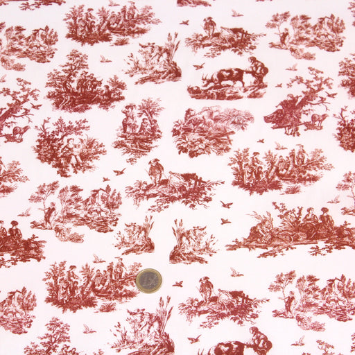 Tissu popeline de coton OBER - Toile de Jouy traditionnelle, fond blanc & motif orange rouille - tissuspapi