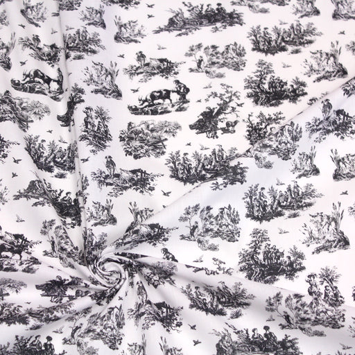 Tissu popeline de coton OBER - Toile de Jouy traditionnelle, fond blanc & motif noir