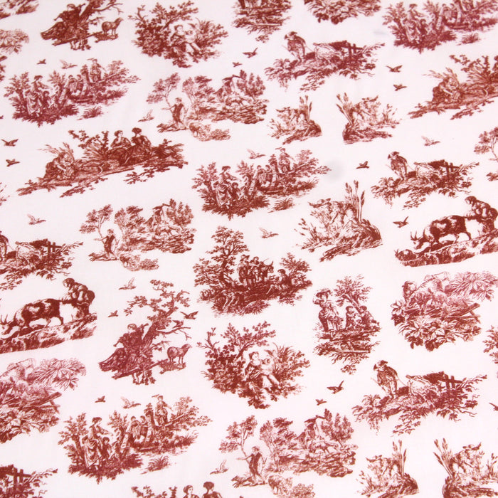 Tissu popeline de coton OBER - Toile de Jouy traditionnelle, fond blanc & motif orange rouille