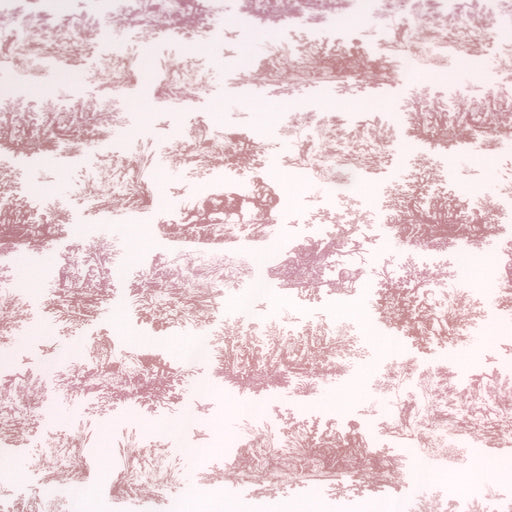 Tissu popeline de coton OBER - Toile de Jouy traditionnelle, fond blanc & motif vieux rose - tissuspapi