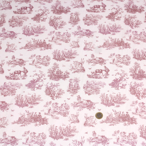 Tissu popeline de coton OBER - Toile de Jouy traditionnelle, fond blanc & motif vieux rose