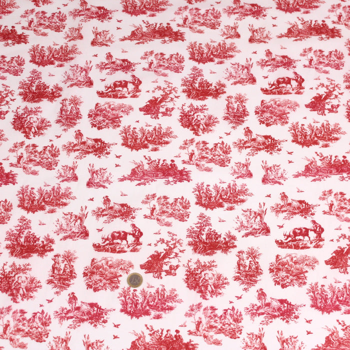 Tissu popeline de coton OBER - Toile de Jouy traditionnelle, fond blanc & motif rouge