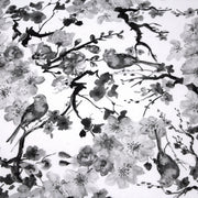 Tissu cotonnade motif jardin japonais GUNMA aux oiseaux et fleurs de cerisier noir et blanc - TissusPapi.com