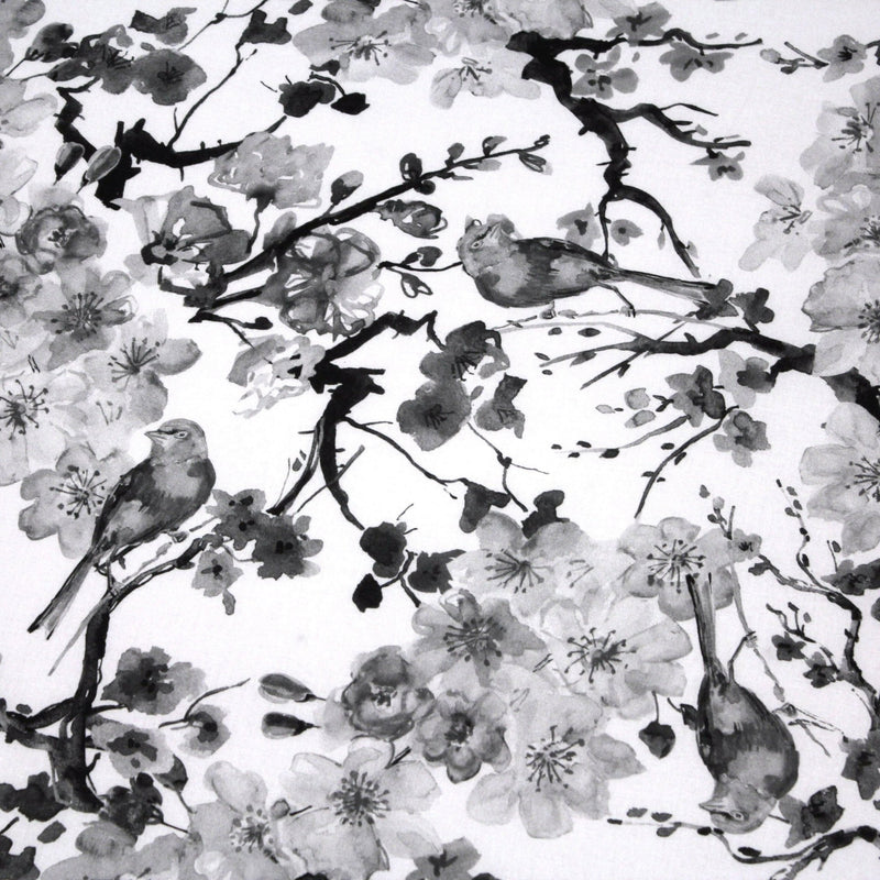 Tissu cotonnade motif jardin japonais GUNMA aux oiseaux et fleurs de cerisier noir et blanc - TissusPapi.com