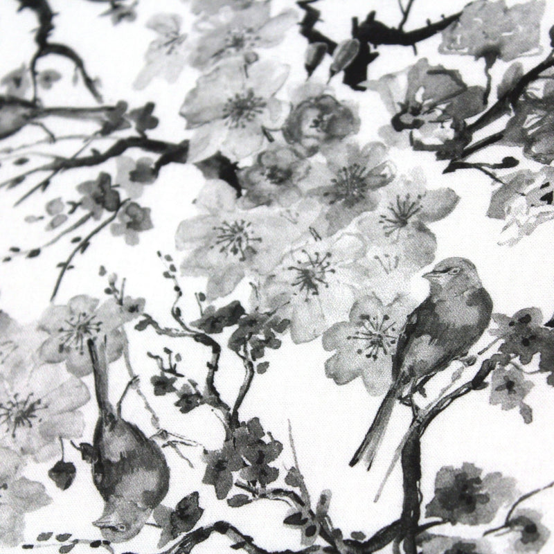 Tissu cotonnade motif jardin japonais GUNMA aux oiseaux et fleurs de cerisier noir et blanc - TissusPapi.com