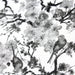 Tissu popeline de coton motif jardin japonais GUNMA aux oiseaux et fleurs de cerisier noir et blanc