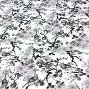 Tissu cotonnade motif jardin japonais GUNMA aux oiseaux et fleurs de cerisier noir et blanc - TissusPapi.com