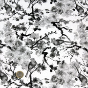 Tissu cotonnade motif jardin japonais GUNMA aux oiseaux et fleurs de cerisier noir et blanc - TissusPapi.com