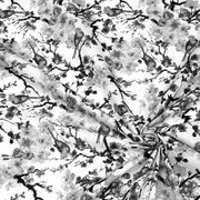 Tissu cotonnade motif jardin japonais GUNMA aux oiseaux et fleurs de cerisier noir et blanc - TissusPapi.com