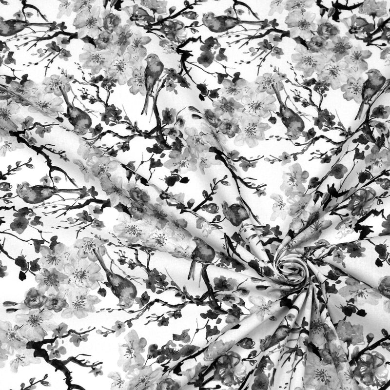 Tissu cotonnade motif jardin japonais GUNMA aux oiseaux et fleurs de cerisier noir et blanc - TissusPapi.com