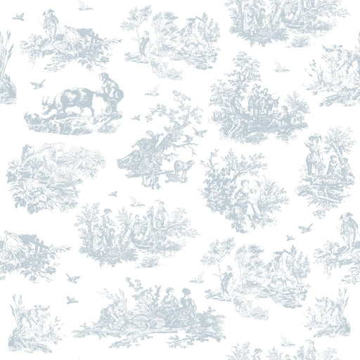 Tissu popeline de coton OBER - Toile de Jouy traditionnelle, fond blanc & motif bleu polaire - tissuspapi