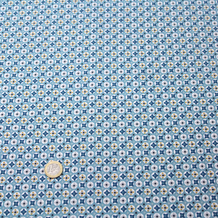 Tissu de coton AZULEJOS au motif géométrique blanc, gris & jaune, fond bleu - OEKO-TEX®
