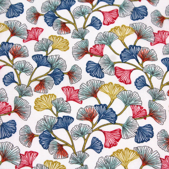 Tissu de coton motif traditionnel japonais aux feuilles de ginkgo multicolores sur fond blanc - Oeko-Tex - tissuspapi