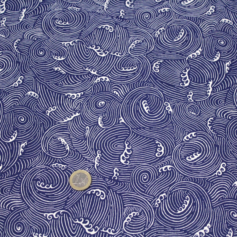 Tissu cotonnade vagues japonaises NAMI bleu roi et blanches, façon Kanagawa par Hokusai - OEKO - TEX STANDARD 100 - TissusPapi.com