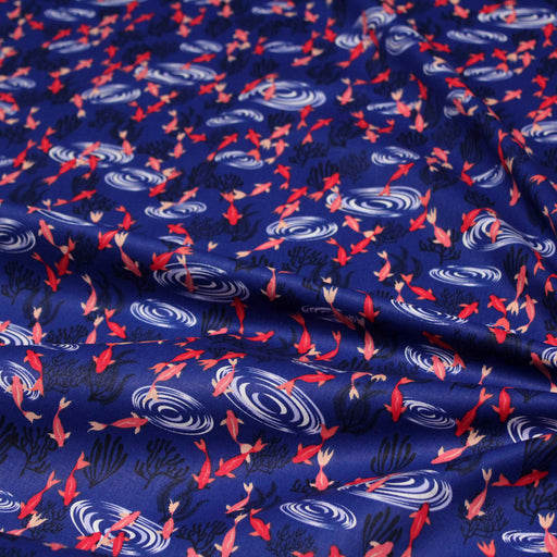 Tissu de coton bleu roi aux carpes koï japonaises - Oeko-Tex