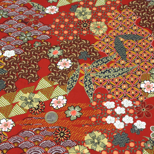 Tissu popeline de viscose motifs japonais aux tons rouges - Fabrication française - Oeko-Tex - tissuspapi