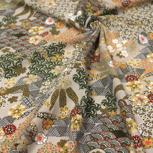 Tissu popeline de viscose motifs japonais aux tons ocres - Fabrication française - Oeko-Tex