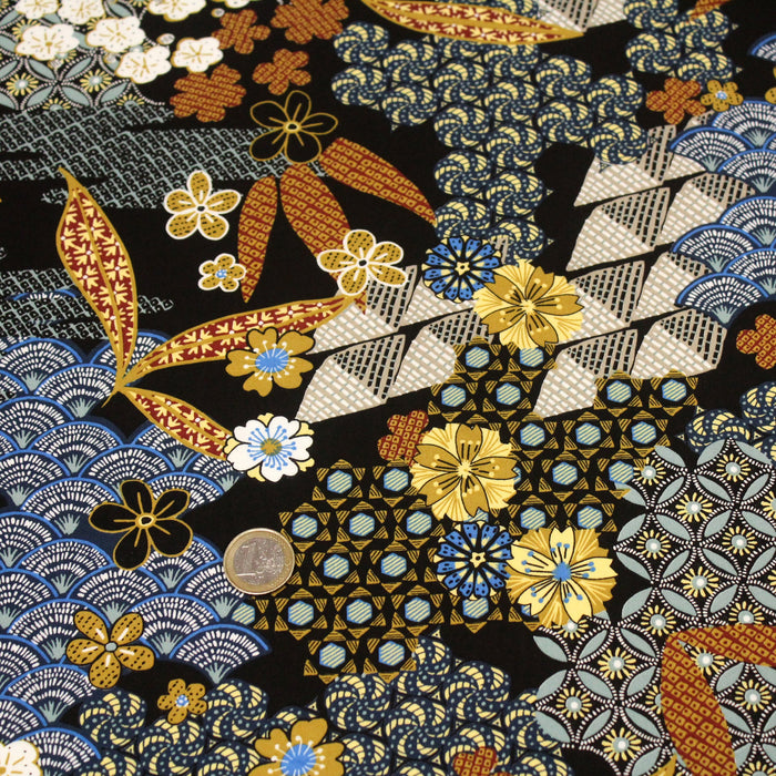 Tissu popeline de viscose motifs japonais aux tons noirs - Fabrication française - Oeko-Tex